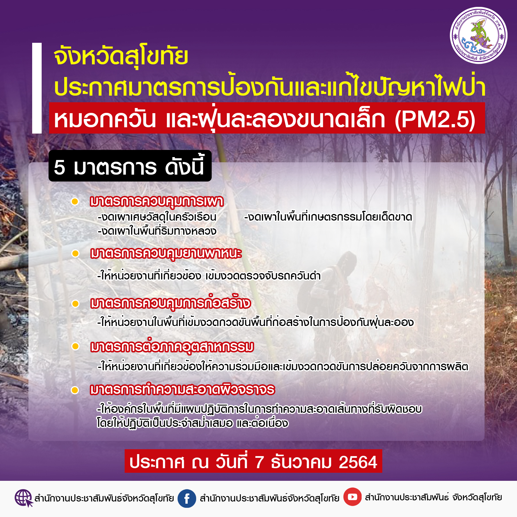 จังหวัดสุโขทัยประกาศมาตรการป้องกันและแก้ไขปัญหาไฟป่า หมอกควัน และฝุ่นละอองขนาดเล็ก (PM2.5)